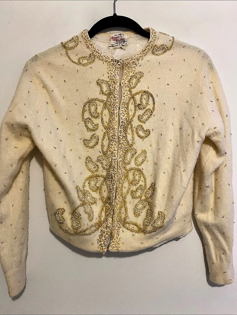 Hupp’s Formal Traders Beaded Cream Cardigan, hand crafted. Has some loose beads.